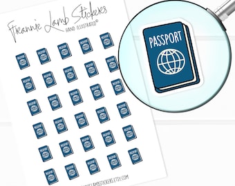 May include: A sheet of 36 blue passport stickers with a globe icon and the word "PASSPORT" printed on each sticker. The stickers are hand-illustrated and perfect for travel-themed planners and journals.