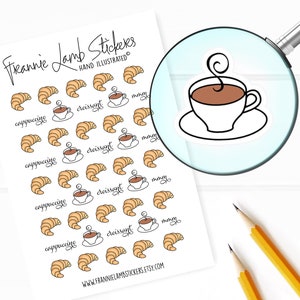 Croissant und Cappuccino Aufkleber (je 2,5 cm), Planer Sticker, Kaffee Sticker für Kalender, Planer, Scrapbooks, Bastelarbeiten und mehr