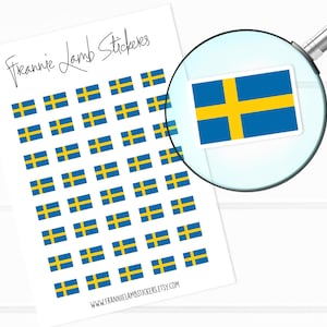 May include: A sheet of stickers featuring the Swedish flag. The sheet is white with 49 blue and yellow Swedish flags arranged in a grid pattern. The text "Frannie Lamb Stickers" is at the top of the sheet. The website address "www.frannielambstickers.etsy.com" is at the bottom of the sheet.