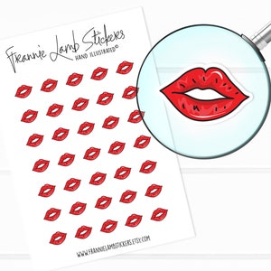 May include: A sheet of red lips stickers with a magnifying glass showing a close-up of one of the stickers. The sheet has the text "Frannie Lamb Stickers" and "Hand Illustrated" on it.