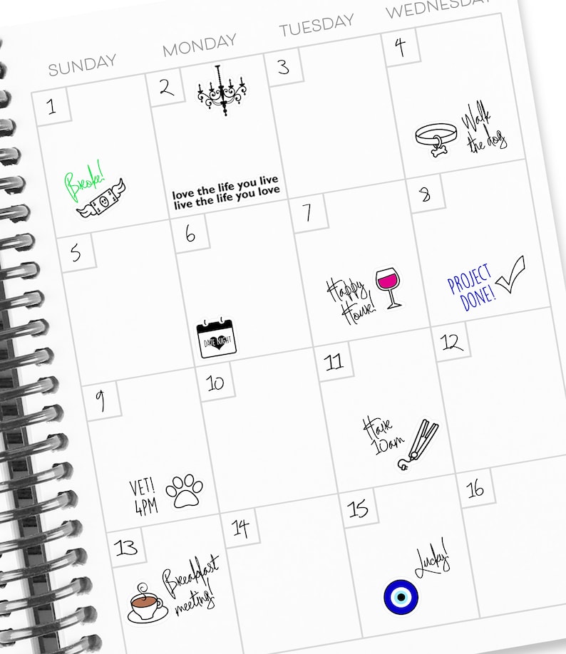 Puede incluir: Un planificador mensual con un dise&ntilde;o en blanco y negro. El planificador tiene una cuadr&iacute;cula de calendario con fechas del 1 al 16. Cada d&iacute;a tiene un peque&ntilde;o icono o texto que representa una actividad o evento. Algunos de los iconos incluyen una l&aacute;mpara de ara&ntilde;a, una copa de vino, un collar de perro, una huella de pata, una taza de caf&eacute; y un mal de ojo.