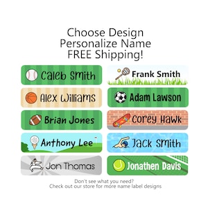 May include: A collection of personalized name labels with sports-themed designs. Each label features a name and a sport icon, including baseball, tennis, basketball, soccer, football, skateboarding, golf, swimming, and tennis. The text reads "Choose Design, Personalize Name".
