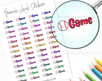 May include: A sheet of colorful baseball-themed stickers with the word "Game" written on each sticker. The stickers are arranged in rows and columns on a white background. The word "Game" is written in a variety of colors, including red, blue, green, purple, and yellow.