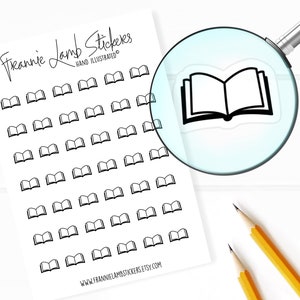 May include: A sheet of white sticker paper with a grid of 36 black and white book outline stickers. The text "Frannie Lamb Stickers" and "Hand Illustrated" is at the top of the sheet. The website address "www.frannielambstickers.etsy.com" is at the bottom of the sheet.