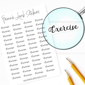 May include: A sheet of white sticker paper with the words "Freannie Lamb Stickers" at the top. The sheet is filled with 36 black and white stickers that say "Exercise" in a cursive font.