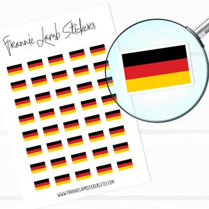 May include: A sheet of stickers featuring the German flag. The sheet has 36 stickers, each with a black, red, and yellow German flag. The sheet is white with the text "Frannie Lamb Stickers" at the top and "www.frannielambstickers.etsy.com" at the bottom.