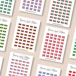 May include: A set of 10 sheets of stickers featuring various country flags. Each sheet has a different flag design, including Jamaica, Armenia, Denmark, Brazil, Turkey, and more. The stickers are ideal for adding a touch of international flair to planners, journals, laptops, and other surfaces.