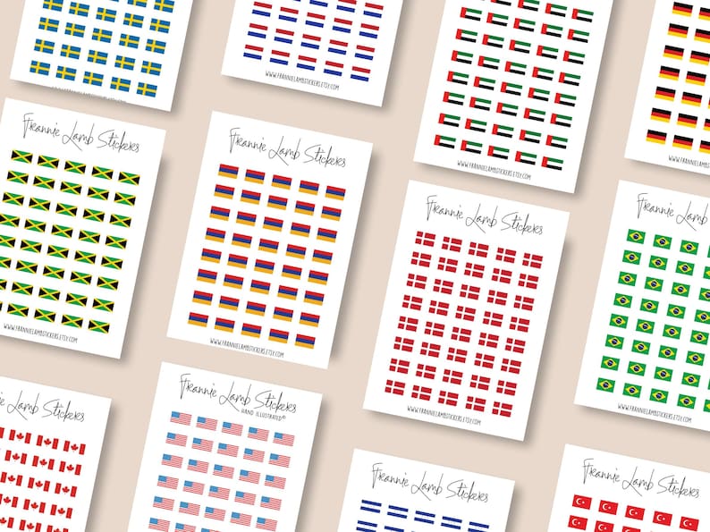May include: A set of 10 sheets of stickers featuring various country flags. Each sheet has a different flag design, including Jamaica, Armenia, Denmark, Brazil, Turkey, and more. The stickers are ideal for adding a touch of international flair to planners, journals, laptops, and other surfaces.