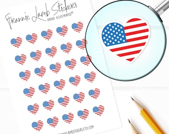 American Flag Heart Stickers (1/2" each), Patriotic Planner Stickers, USA Stickers, July 4th Stickers for Calendars, Planners and more