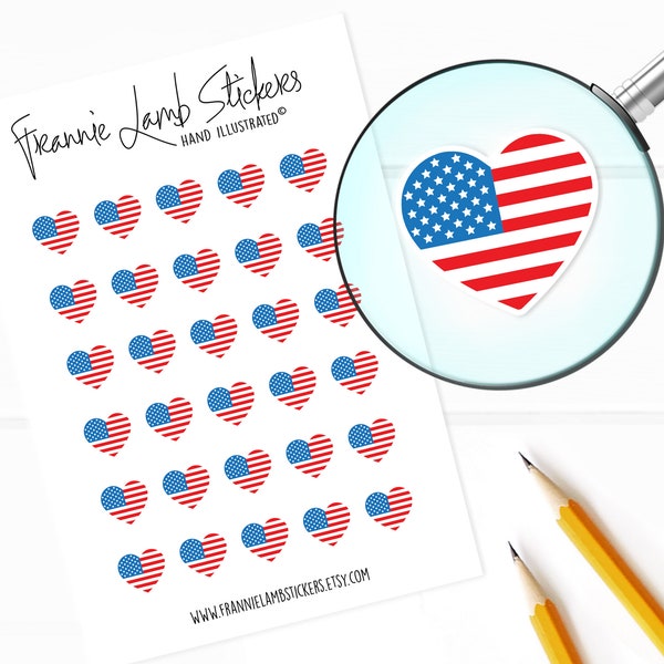 American Flag Heart Stickers (1/2" each), Patriotic Planner Stickers, USA Stickers, July 4th Stickers for Calendars, Planners and more