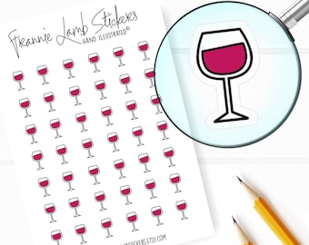 May include: A sheet of stickers featuring a repeating pattern of wine glasses filled with red wine. The stickers are hand-illustrated and are available on Etsy at www.frannielambstickers.etsy.com.