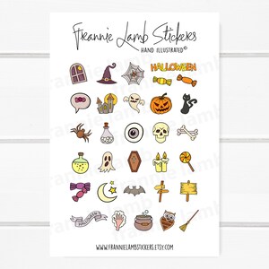 May include: A sheet of Halloween themed stickers featuring various icons such as a ghost, a spider, a pumpkin, a skull, a cauldron, a bat, a witch's hat, a candy cane, a coffin, a moon, a star, a window, a castle, a sign, a broom, and a pair of hands. The text "Halloween" and "Boo" are also included.