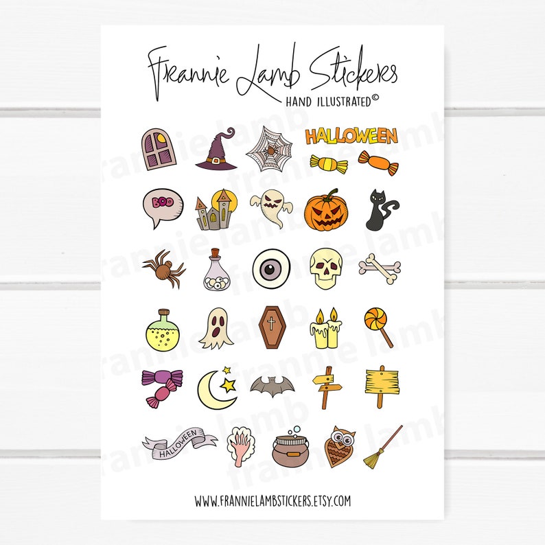 May include: A sheet of Halloween themed stickers featuring various icons such as a ghost, a spider, a pumpkin, a skull, a cauldron, a bat, a witch's hat, a candy cane, a coffin, a moon, a star, a window, a castle, a sign, a broom, and a pair of hands. The text "Halloween" and "Boo" are also included.