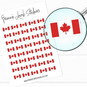 May include: A sheet of Canadian flag stickers. The sheet is white with a grid of 48 red and white Canadian flags. The flags are small and have a red maple leaf on a white background. The text "Frannie Lamb Stickers" is at the top of the sheet. The text "www.frannielambstickers.etsy.com" is at the bottom of the sheet.