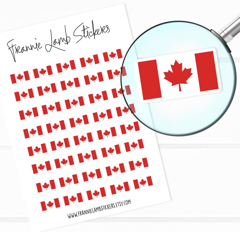 May include: A sheet of Canadian flag stickers. The sheet is white with a grid of 48 red and white Canadian flags. The flags are small and have a red maple leaf on a white background. The text "Frannie Lamb Stickers" is at the top of the sheet. The text "www.frannielambstickers.etsy.com" is at the bottom of the sheet.