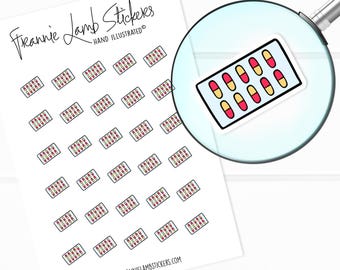 May include: A sheet of stickers featuring a repeating pattern of a white pill container with red and yellow pills. The text "Frannie Lamb Stickers" and "Hand Illustrated" is at the top of the sheet.
