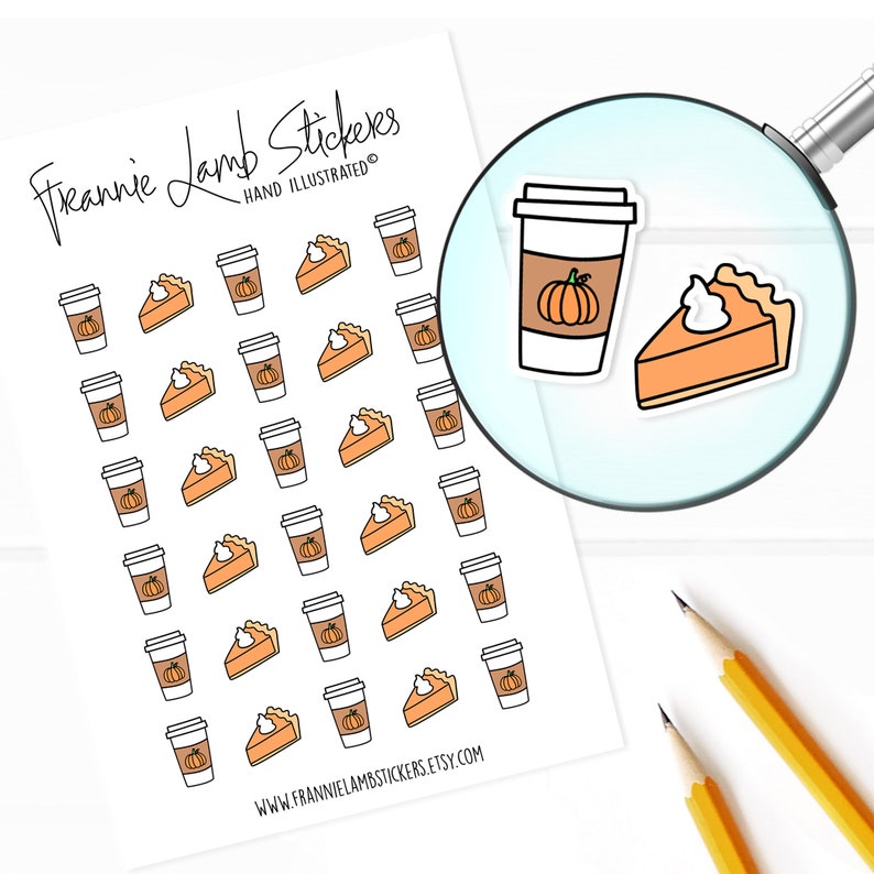 May include: A sheet of stickers featuring a variety of fall-themed designs, including pumpkin spice lattes, pumpkin pie slices, and fall leaves. The stickers are arranged in a grid pattern on a white background. The text "Frannie Lamb Stickers" and "Hand Illustrated" is visible at the top of the sheet.