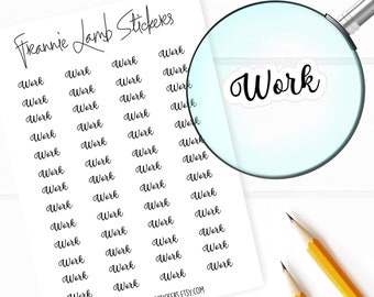 May include: A sheet of white paper with the text "Freannie Lamb Stickers" at the top. The paper is filled with 36 black and white stickers that say "Work" in a cursive font.