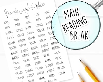 School Subject Stickers, Home Schooling Stickers, 65 Stickers/Labels for Planners, Calendars and More, Color & Paper Options Available