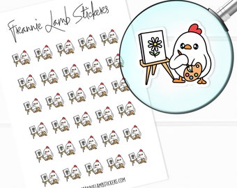 Puede incluir: Hoja de pegatinas con un artista de dibujos animados de pollo pintando una flor en un lienzo. Las pegatinas son blancas con una lupa sobre una de ellas. El texto "Frannie Lamb Stickers" está escrito en cursiva en la parte superior de la hoja. La dirección del sitio web está en la parte inferior.