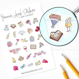 Pegatinas de boda (1/2" cada una), pegatinas de planificador de variedades de bodas, pegatinas de compromiso para calendarios, planificadores, álbumes de recortes, manualidades y más