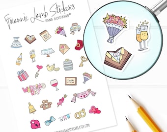 May include: A sheet of colorful wedding-themed stickers featuring illustrations of a wedding dress, cake, champagne flutes, a bouquet of flowers, a key, a ring, a heart, a bird, a bell, a gift box, a love banner, a bow, and the text "Wedding Day".