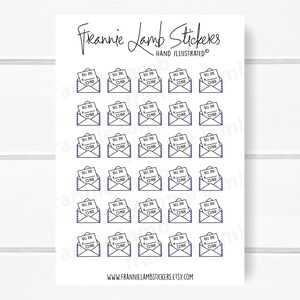 May include: A sheet of 30 white sticker labels featuring a black and white illustration of a mail envelope with a red and blue striped border. The envelope contains a white piece of paper with the text "Bill Due" and a check box with a blue check mark. The text "Frannie Lamb Stickers" and "Hand Illustrated" is at the top of the sheet.