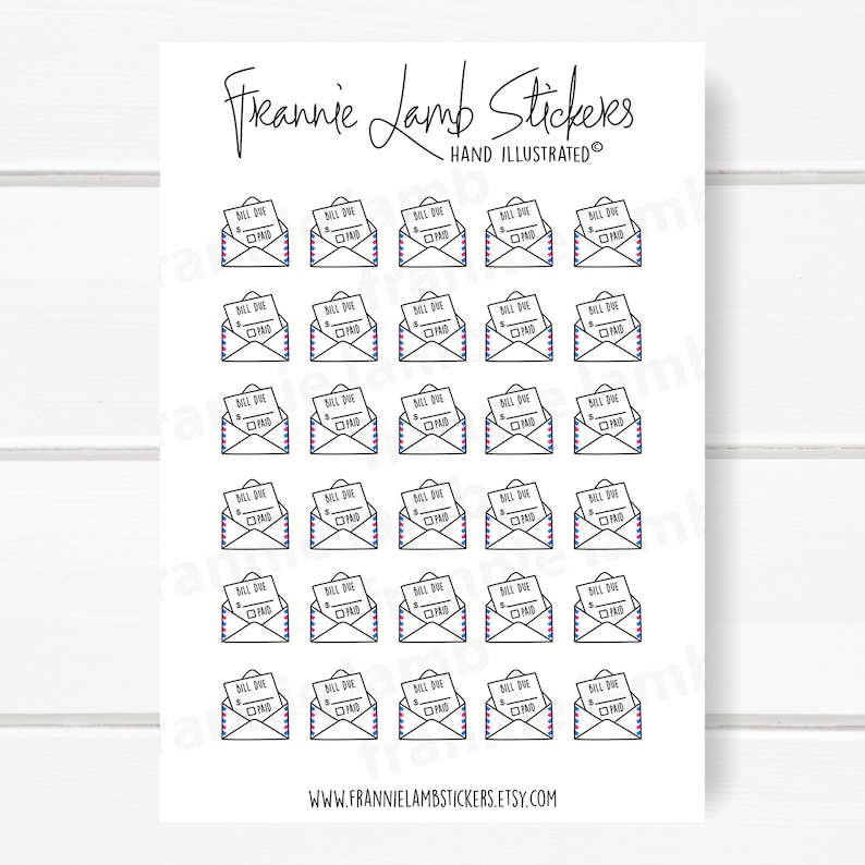May include: A sheet of 30 white sticker labels featuring a black and white illustration of a mail envelope with a red and blue striped border. The envelope contains a white piece of paper with the text "Bill Due" and a check box with a blue check mark. The text "Frannie Lamb Stickers" and "Hand Illustrated" is at the top of the sheet.
