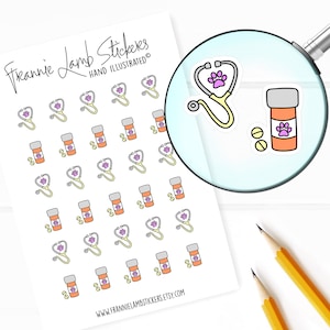 May include: A sheet of stickers featuring a variety of pet-themed designs, including a stethoscope with a paw print, a pill bottle with a paw print, and two small pills. The stickers are arranged in a grid pattern on a white background. The text "Frannie Lamb Stickers" and "Hand Illustrated" is at the top of the sheet.