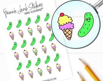 May include: A sheet of stickers featuring hand-drawn illustrations of ice cream cones and pickles. The stickers are on a white background and have a whimsical, cartoon-like style. The text "Frannie Lamb Stickers" and "Hand Illustrated" is at the top of the sheet.