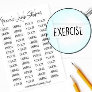 May include: A sheet of white paper with the text "Freannie Lamb Stickers" at the top. The sheet is filled with the word "EXERCISE" repeated many times in black text. A magnifying glass is focused on one of the words "EXERCISE".
