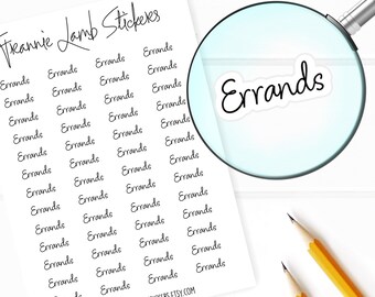 May include: A sheet of white paper with the text "Freannie Lamb Stickers" at the top. The sheet is filled with black and white stickers that say "Errands" in a handwritten font.