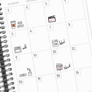 May include: A black and white calendar with handwritten days of the week and numbers.  Each day has a different icon representing a daily task.  The icons include a cup of coffee, a movie clapperboard, a stove, a dish with a fork and spoon, a spray bottle, and a takeout container.