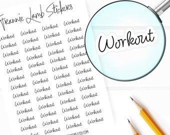 May include: A sheet of white paper with the text "Treannie Lamb Stickers" at the top. The paper is covered in black text that reads "Workout" repeated many times. A magnifying glass is in the top right corner of the image, showing a close-up of the word "Workout".