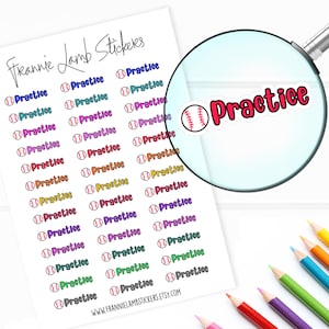 May include: Sheet of baseball-themed stickers with the word "Practice" in various colors, each paired with a baseball graphic. The stickers are arranged on a white background. The website address "WWW.FRANNIELAMBSTICKERS.ETSY.COM" is at the bottom.