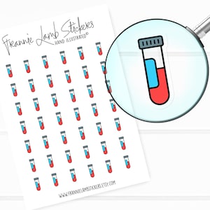 May include: A sheet of 40 small, red and blue test tube stickers. The stickers are hand-illustrated and feature a simple design of a test tube with a blue liquid and a red liquid.