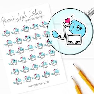 May include: A sheet of 30 stickers featuring a cartoon illustration of a blue medical device with a heart and the text "Frannie Lamb Stickers Hand Illustrated".
