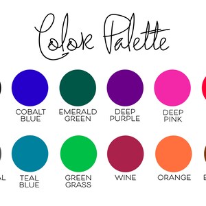 May include: Color palette with 12 color swatches, including black, cobalt blue, emerald green, deep purple, deep pink, red, charcoal grey, teal blue, green grass, wine, orange, and espresso brown.