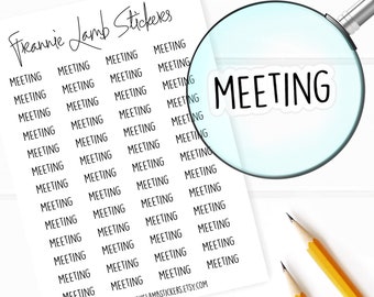 May include: A sheet of white paper featuring multiple black text stickers that read MEETING, with a magnifying glass focused on one sticker. The top of the sheet says Frannie Lamb Stickers and the bottom includes the URL WWW.FRANNIELAMBSTICKERS.ETSY.COM.