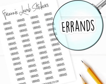 May include: A sheet of white paper featuring multiple black text stickers that read ERRANDS, with a magnifying glass highlighting one sticker and two yellow pencils positioned nearby. The text Frannie Lamb Stickers is at the top.