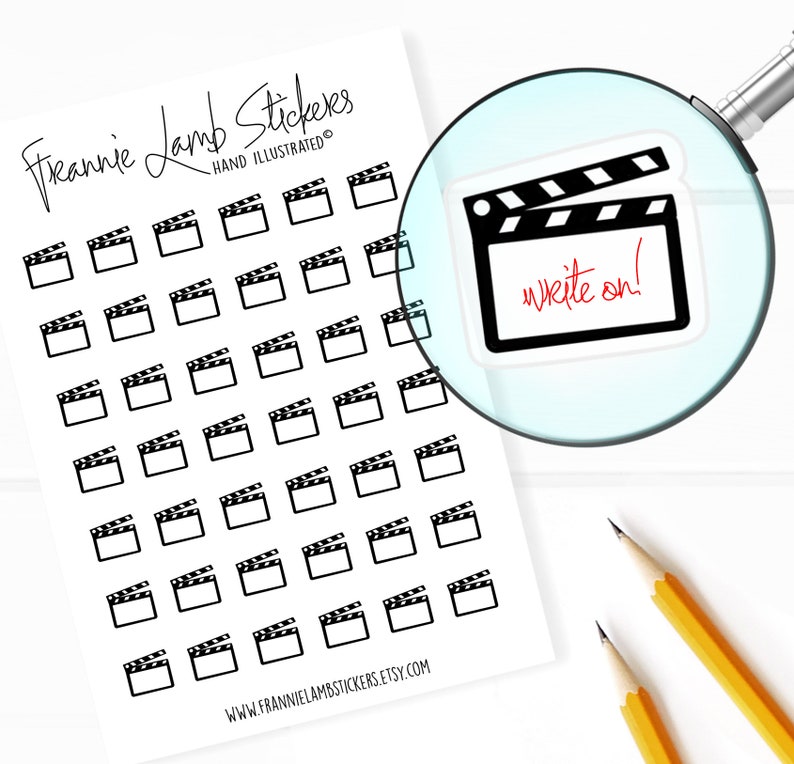 May include: A sheet of 40 black and white clapperboard stickers with the text "write on!" on one of the stickers. The stickers are hand-illustrated and are perfect for planners, journals, and other creative projects.