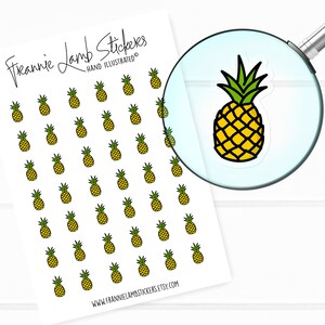 May include: A sheet of stickers featuring a repeating pattern of yellow pineapples with green tops. The stickers are hand-illustrated and perfect for adding a touch of tropical flair to your planner, laptop, or water bottle. The text "Frannie Lamb Stickers" and "Hand Illustrated" is printed at the top of the sheet.