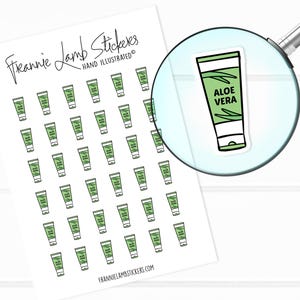 Op de afbeelding: Een vel met 50 witte stickers met een groene en zwarte illustratie van een tube aloë vera lotion. De tube heeft de tekst "Aloe Vera" erop staan. De stickers zijn in een rasterpatroon gerangschikt.