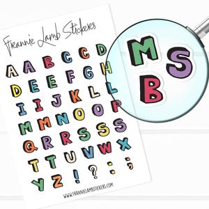 Letras del alfabeto, coloridas y llamativas, 43 pegatinas, pegatinas de 1/2" para planificadores, calendarios y más, opciones de papel disponibles