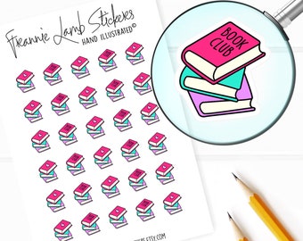 May include: A sheet of stickers featuring a stack of three books with the text "Book Club" on the top book. The books are pink, blue, and white with a heart on the bottom book. The stickers are hand-illustrated and perfect for book lovers.