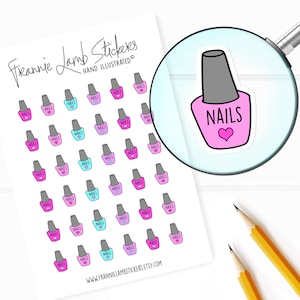 May include: A sheet of 36 nail polish bottle stickers. The stickers are pink, blue, and light pink with a white heart and the word "NAILS" on each. The stickers are arranged in rows on a white background.