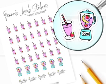 May include: A sheet of stickers featuring a pink smoothie, a blender with fruit, and the text "smoothie queen". There are multiple copies of the smoothie sticker.