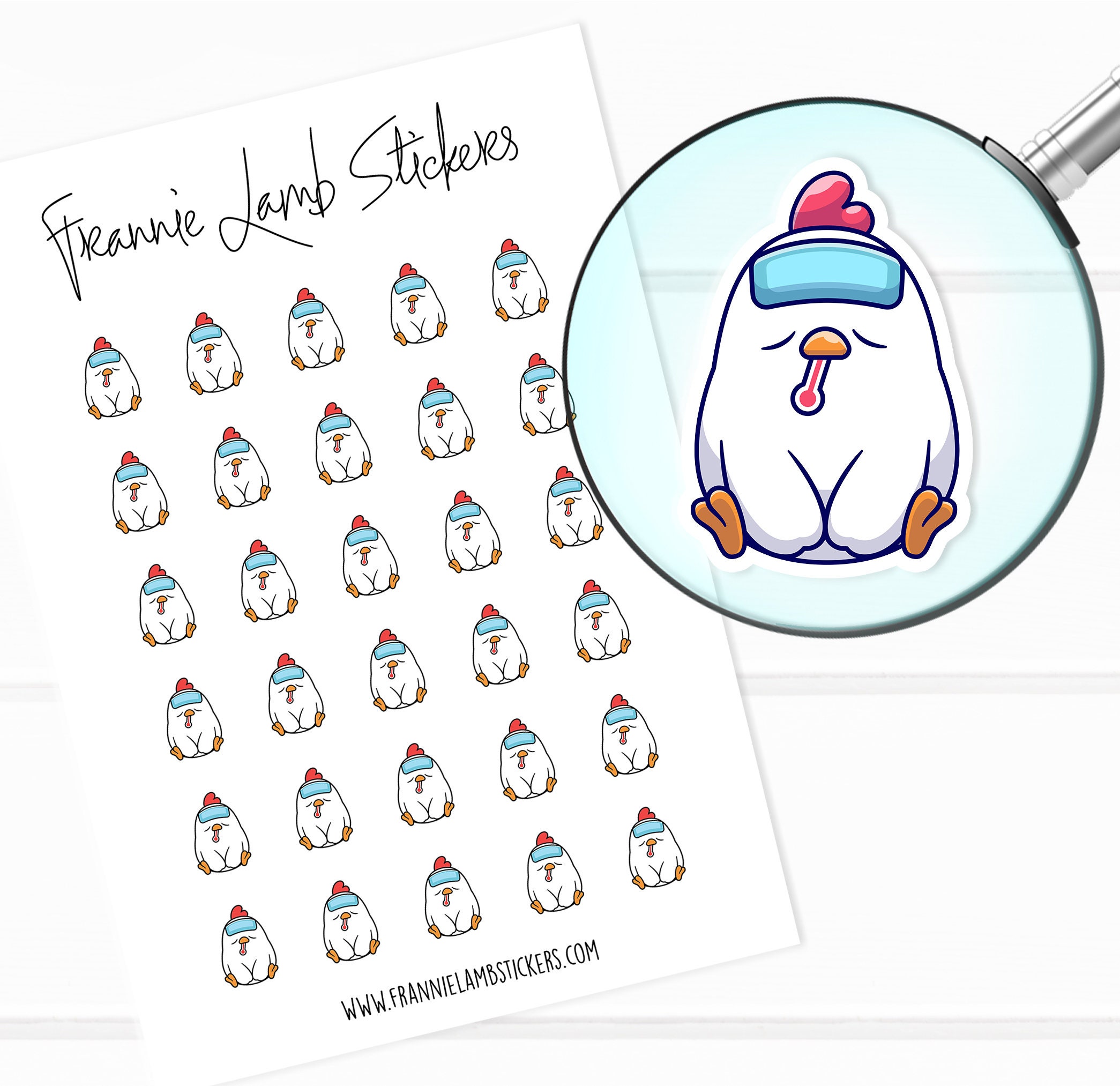 Cute Sick and Fever Chicken Stickers (1/2" each), Planner Stickers, Cute Character Stickers for Calendars, Scrapbooks, Crafts, etc.