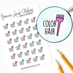 Könnte beinhalten: Eine Blatt mit Aufklebern, die einen Pinsel und den Text "COLOR HAIR" in verschiedenen Farben zeigen. Die Aufkleber sind in einem Raster auf einem weißen Hintergrund angeordnet.