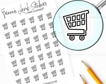 May include: A sheet of 50 black and white shopping cart stickers. The stickers are hand-illustrated and feature a simple design of a shopping cart with wheels. The sheet is white with the text "Frannie Lamb Stickers" and "HAND ILLUSTRATED" at the top. The text "WWW.FRANNIELAMBSTICKERS.ETSY.COM" is at the bottom of the sheet.